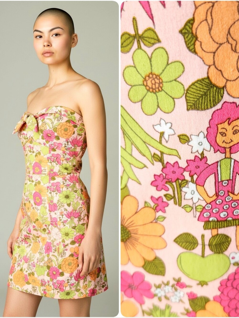 Y2K Tibi Psychedelic Novelty Garden Party Sheath Dress 4/6 Strapless 60s Floral